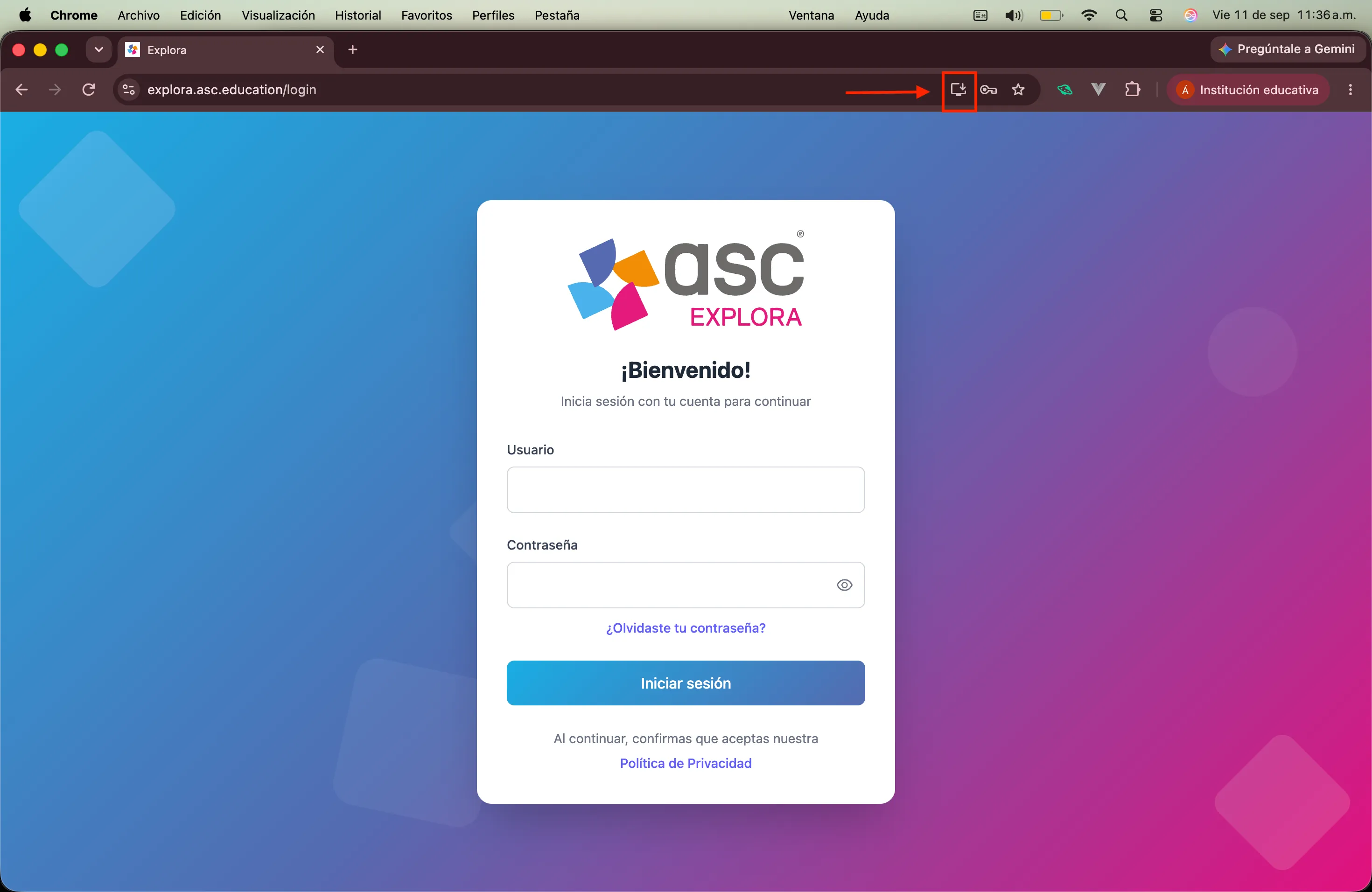 Presionar el ícono de instalación — Explora en macOS con Google Chrome