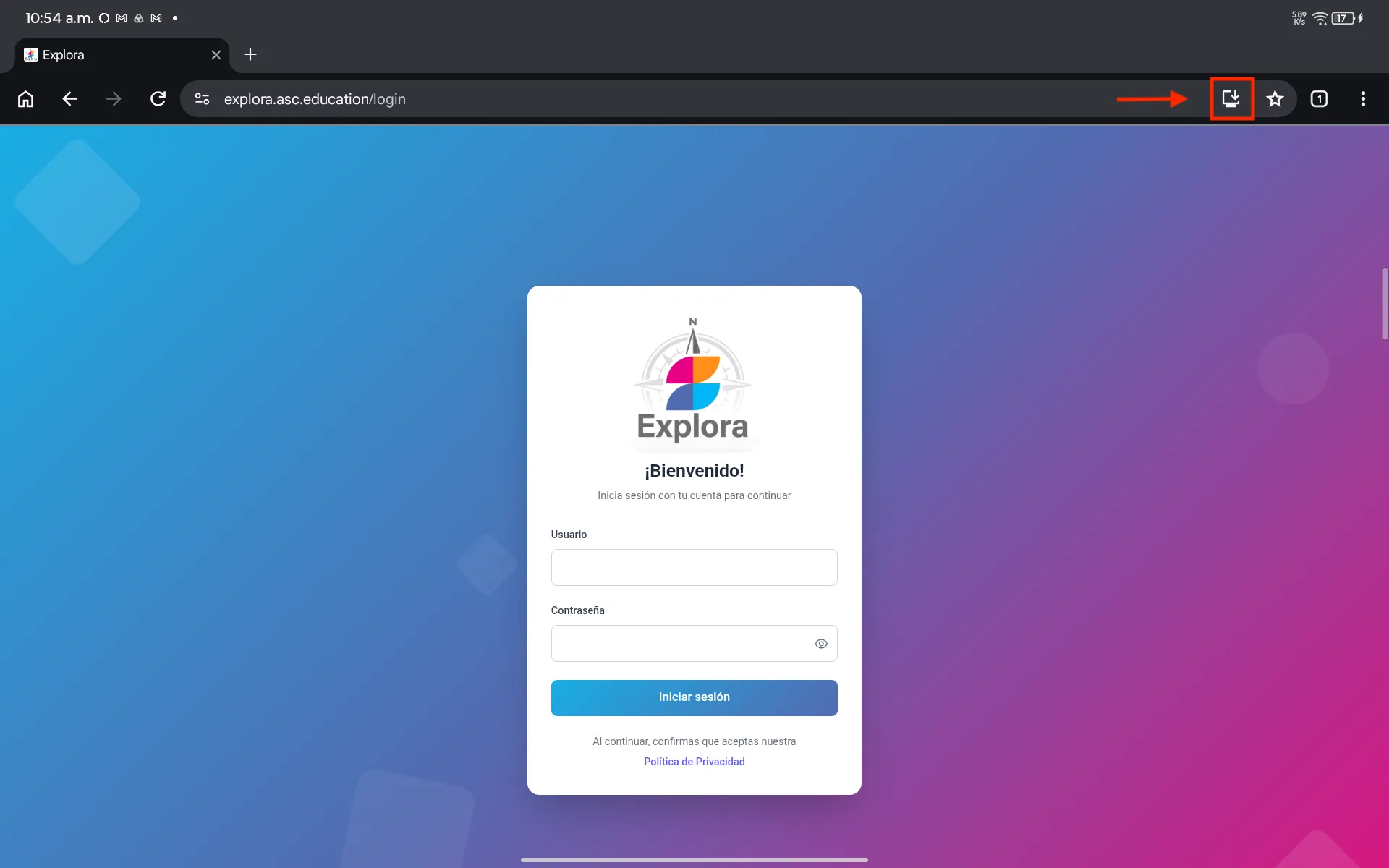 Presionar el ícono de instalación — Explora en Android con Google Chrome