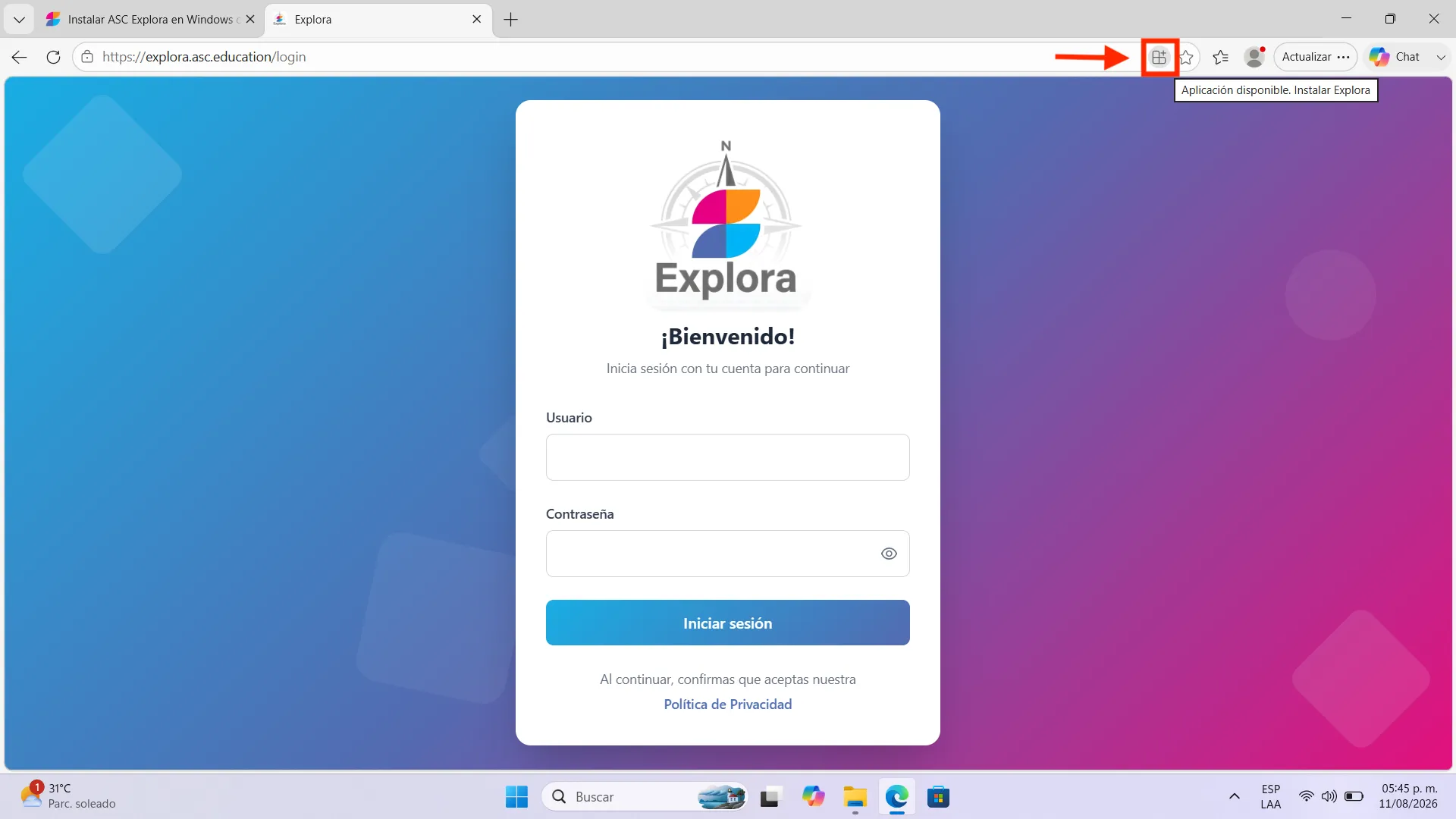 Presionar el ícono de instalación — Explora en Windows con Microsoft Edge