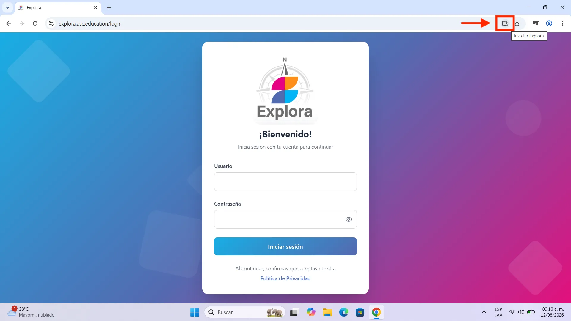 Presionar el ícono de instalación — Explora en Windows con Google Chrome