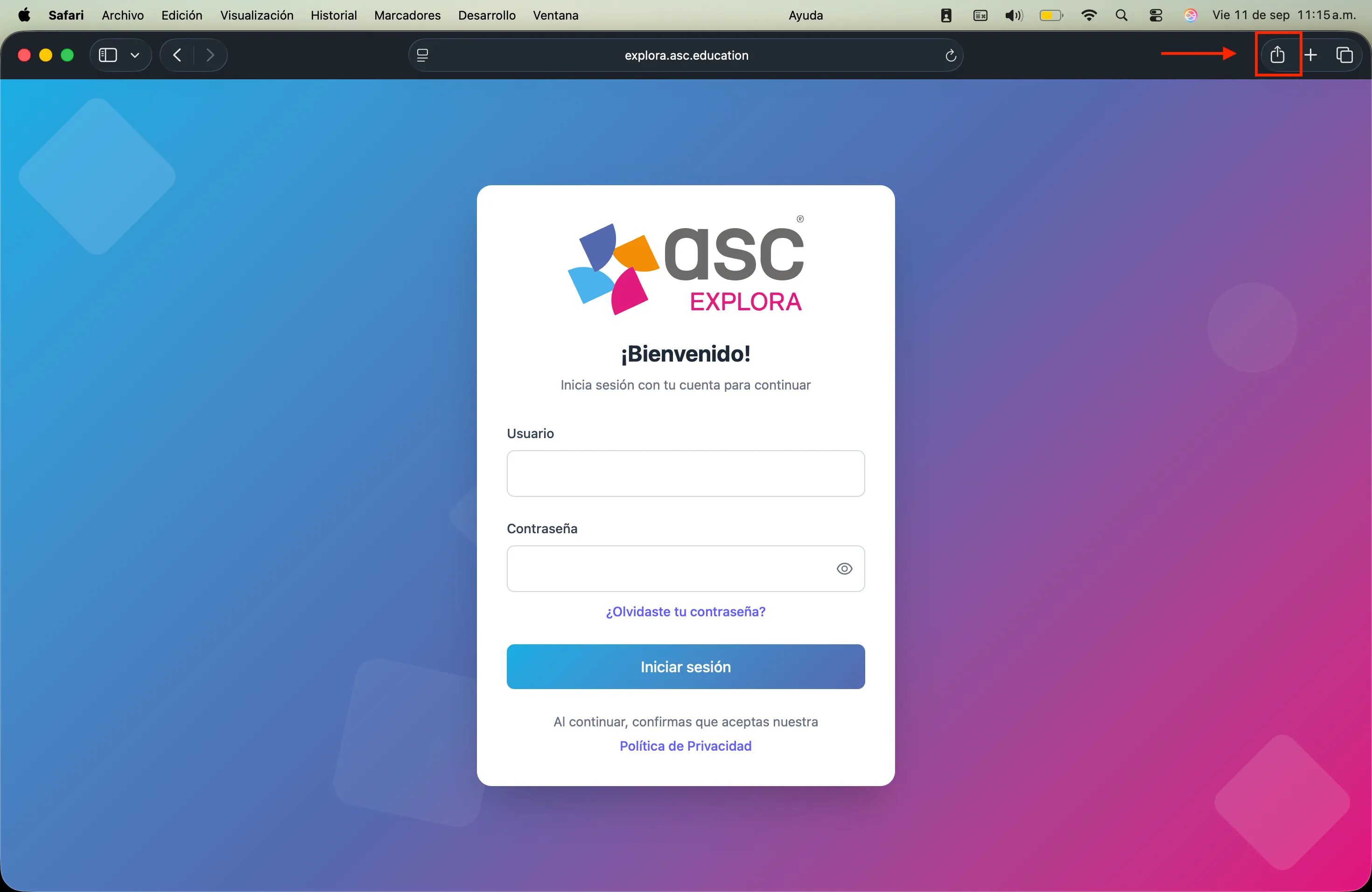 Presionar el botón de compartir — Explora en macOS con Safari