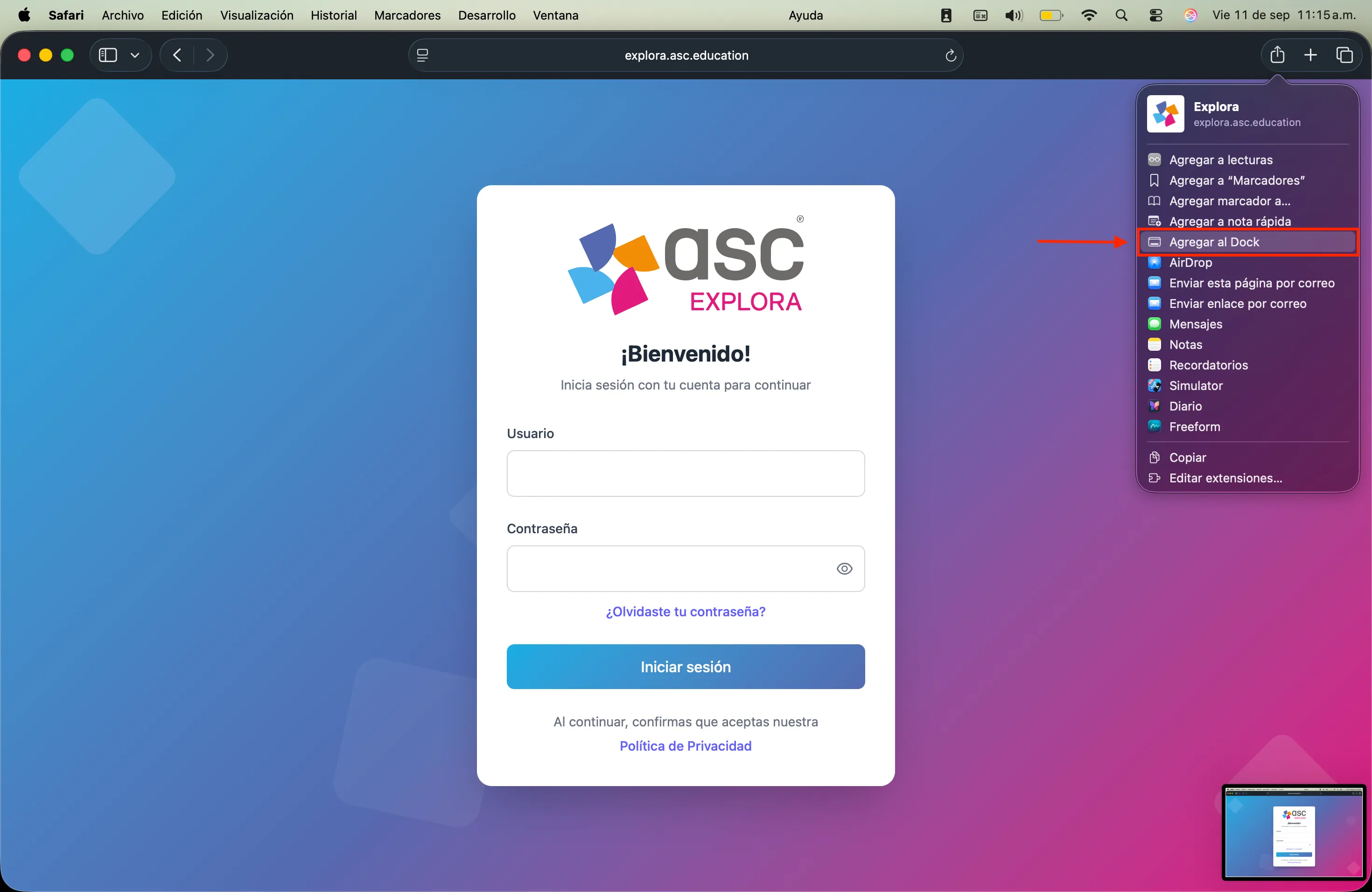 Seleccionar «Agregar al Dock» — Explora en macOS con Safari