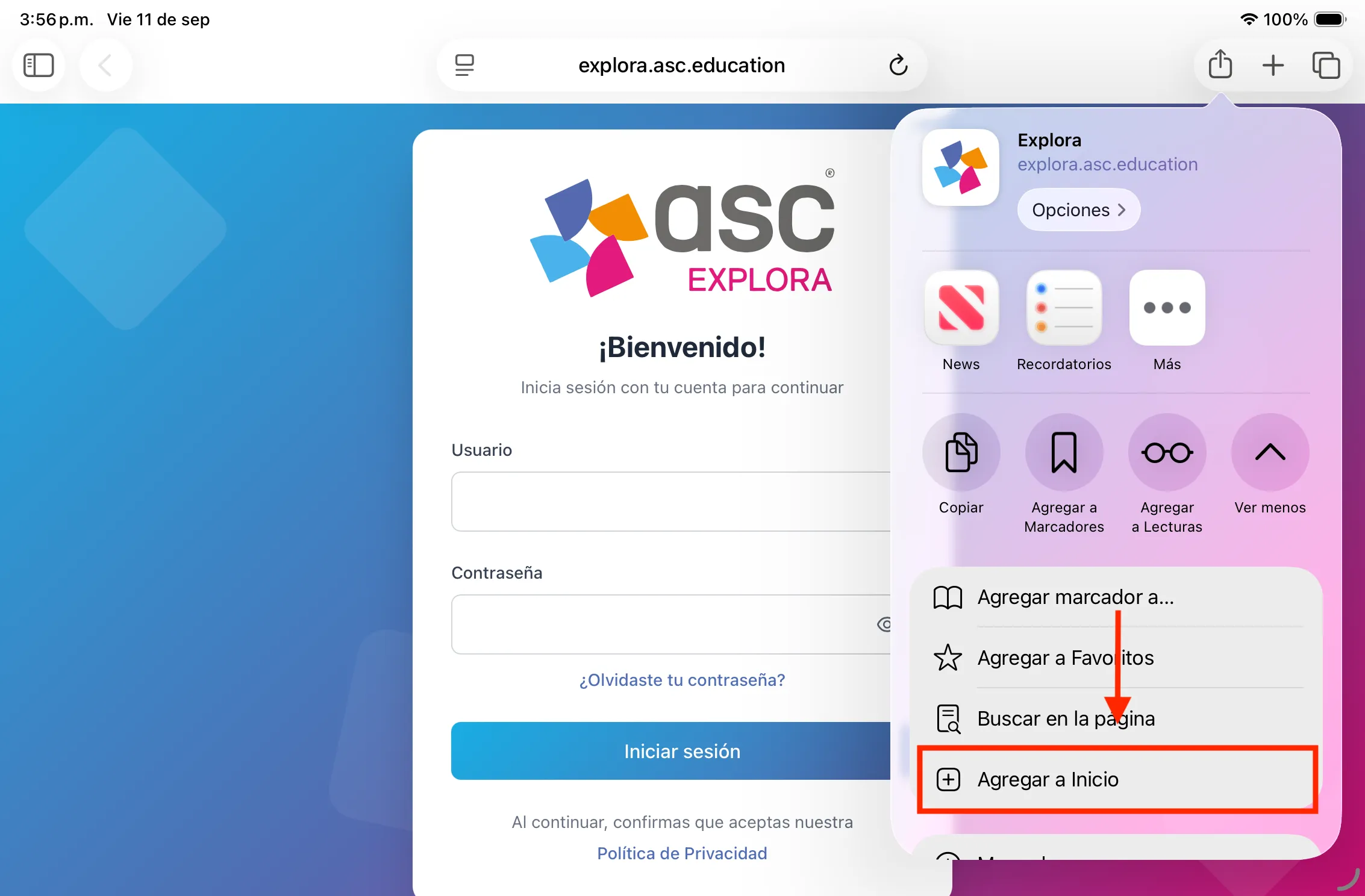 Seleccionar «Agregar a Inicio» — Explora en iOS / iPadOS con Safari