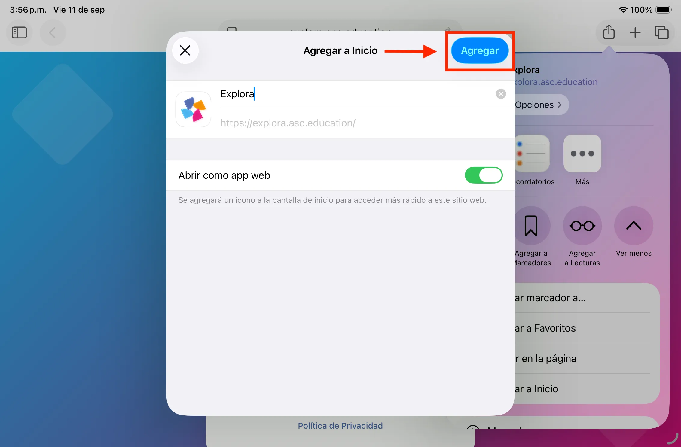 Confirmar la instalación — Explora en iOS / iPadOS con Safari